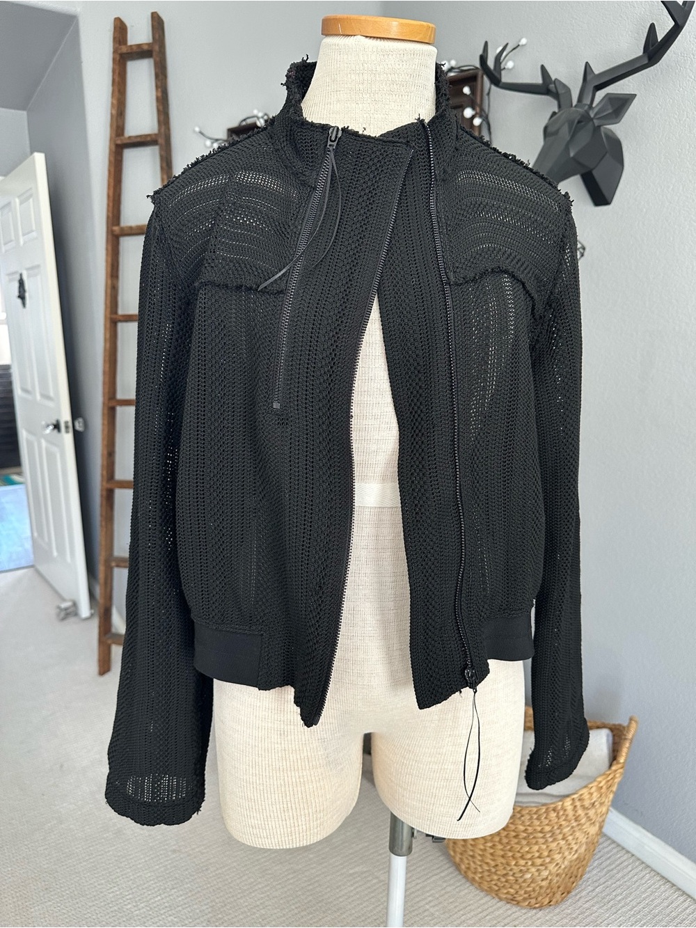 Elie Tahari Black Mesh Zip-Front Bomber Jacket size large